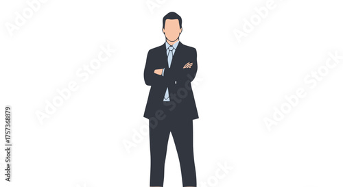 Businessman in dark suit with arms crossed, standing confidently