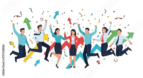 Diverse group business people jumping with joy and celebrating success, surrounded by confetti and upward trending arrows