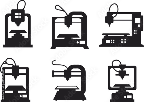 3D printer icons, additive manufacturing symbols, modern technology silhouettes, digital fabrication equipment, prototyping tools, printing machine vector set, engineering design illustration