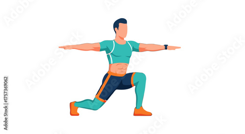 Man in athletic wear performing lunge exercise with arms outstretched, demonstrating fitness and strength