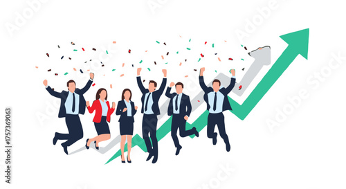 Diverse group business people in suits jumping for joy with confetti falling around them, celebrating success and achievement, with green upward trending graph in the