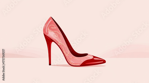Red and pink high heel shoe with sparkling embellishments on a light pink background stiletto pump