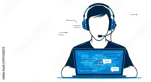 Person wearing headset and looking at laptop screen displaying digital information and chat bubbles, representing customer service or online communication