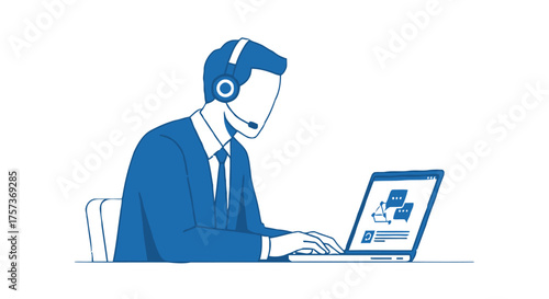 Person in suit wearing headset and typing on laptop, symbolizing remote work, customer support, or online business operations