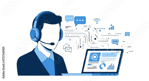 Customer service representative with headset and laptop, surrounded by communication and data icons, representing technical support and online assistance