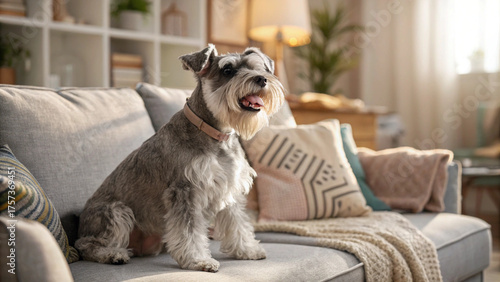 Cute schnauzer dog sitting on couch