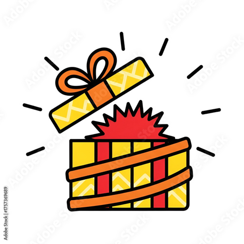Illustration of open gift box with ribbon surprise celebration present