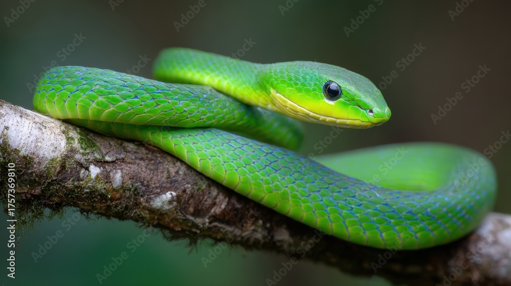 Fototapeta premium Vibrant Green Snake Coiled on Branch in Lush Forest Environment Showcasing Stunning Colors and Intricate Patterns