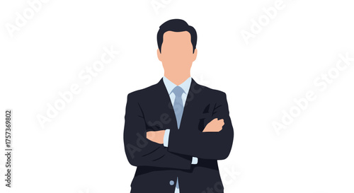 Professional businessman in dark suit and tie, standing with arms crossed, exuding confidence and authority