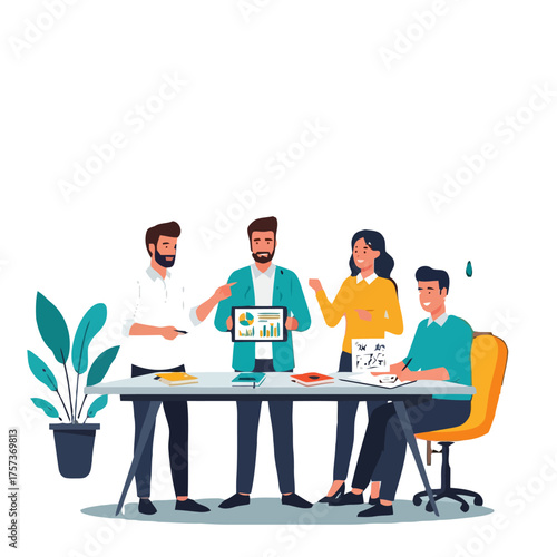 Diverse group colleagues collaborating around table, discussing project with tablet