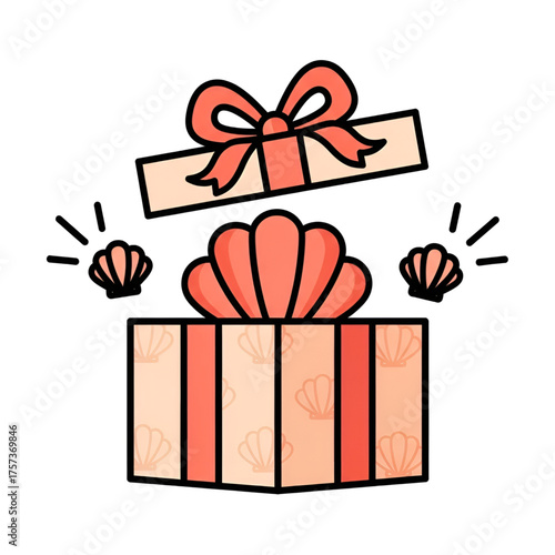 Illustration of open gift box with bow and seashell surprise vector art