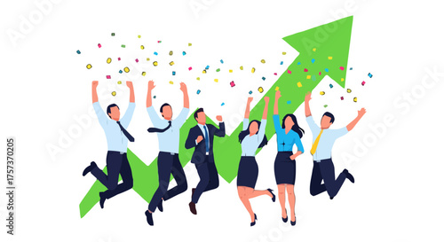 Diverse group business people jumping for joy with confetti falling and green upward trending graph in the