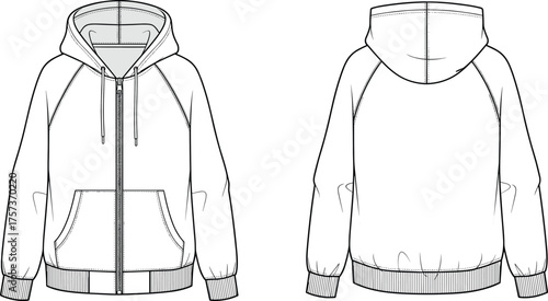 Hoodie technical sketch, front view, back view, zipper, drawstring hood, kangaroo pocket, raglan sleeves, ribbed cuffs, fashion design, vector