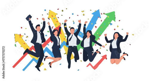 Excited business people jumping with joy and confetti, celebrating success with upward trending arrows in the