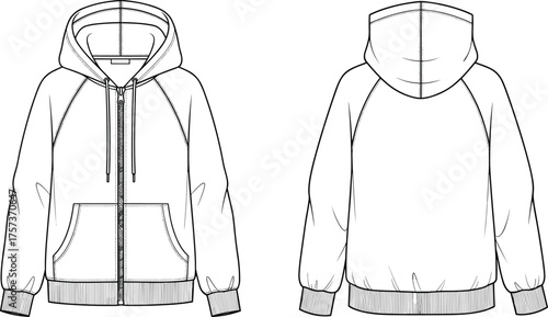 Hoodie technical sketch, front view, back view, zipper, drawstring hood, kangaroo pockets, raglan sleeves, ribbed cuffs, fashion design, vector