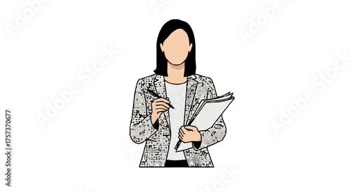 Woman in blazer holding notepad and pen, appearing professional and ready to take notes or conduct an interview