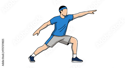 Man in athletic wear performing warrior pose, stretching and exercising with focus and determination