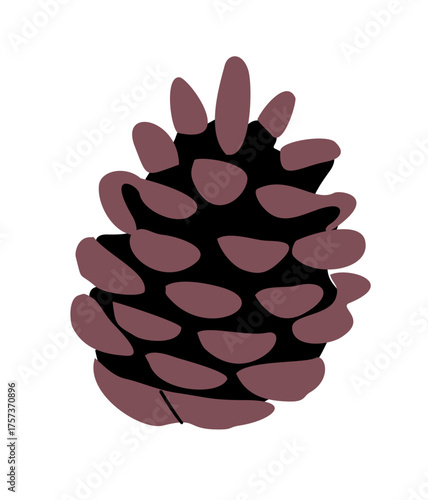 Minimalist vector of a burgundy pine cone with 12 triangular scales and pointed crown, clean modern line art, stylized botanical illustration on transparent background