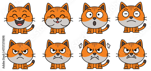 Cute cartoon orange cat with different facial expressions vector illustration.eps