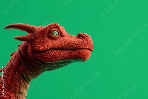 Cute Wild Animal Head. Red Cartoon 3D Dragon Snake on a Green Background. Adorable Animals. Dinosaur portrait isolated on studio backdrop. Fantasy. Funny Reptile Side View. Space for text. Wildlife.