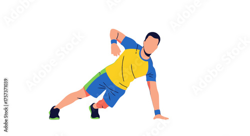 Male athlete performing dynamic exercise move, possibly plank variation or side lunge, with his body angled and arms extended, wearing athletic wear
