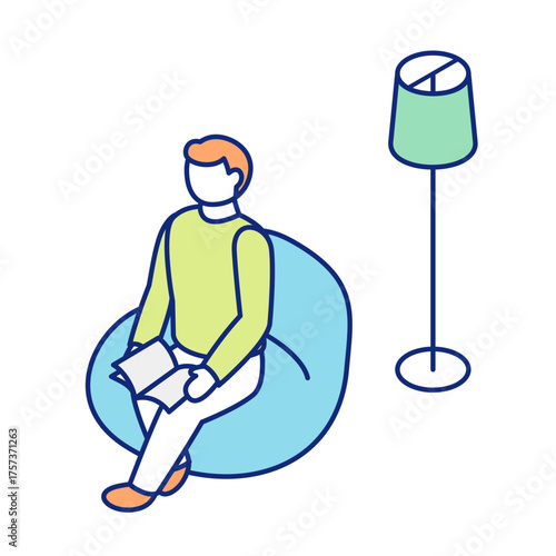 Isometric Illustration of Man Relaxing on Sofa and Reading a Book