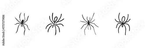 Spider Line Icon Set In Doodle Style. Arachnid Silhouette Collection For Halloween, Nature, And Wildlife Themes. Hand Drawn Isolated Vector Illustration