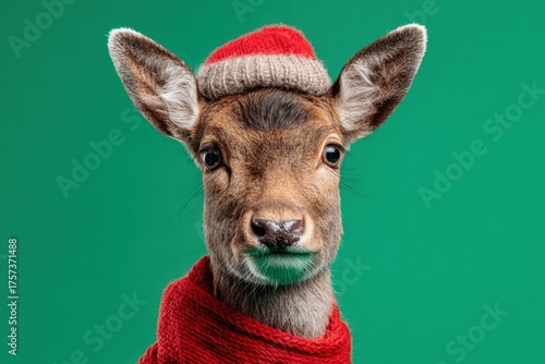 Cute Farm Animal Head wear Santa Claus Hat. Deer Wearing a Santa Hat, Warm Scarf . Green Background. Merry Christmas, New Year card. Roe in Red costume. Domestic Animals in Winter Holiday Headdress