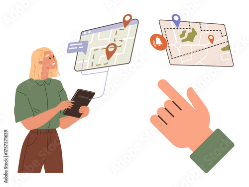 Woman with tablet viewing digital map, GPS markers, interactive interface, navigation pointers, and hand gesture. Ideal for navigation, technology, travel, route planning innovation communication
