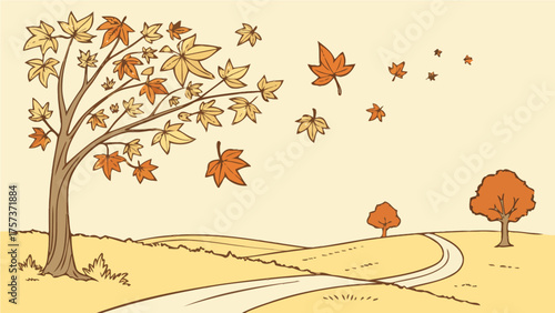 A whimsical illustration of an autumn scene with a tree losing leaves on a windy day and rolling hills landscape