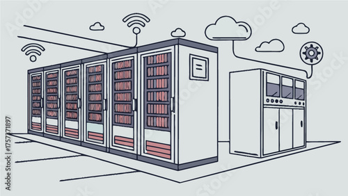 A digital illustration of server racks and cloud computing infrastructure in a data center environment setup