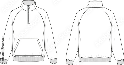 Pullover sweatshirt sketch, technical flat design, front and back view, zipper collar, raglan sleeves, kangaroo pocket, ribbed cuffs, hem