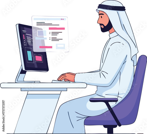 Arab man in traditional thobe working on a desktop computer.