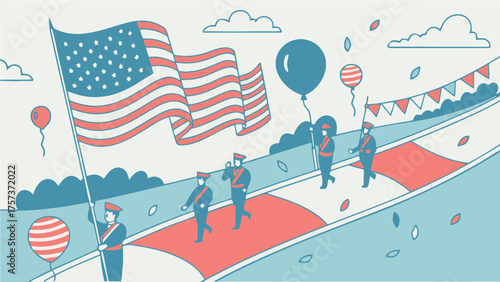 Illustration depicting parade with american flag balloons and bunting celebrating patriotic event outdoors