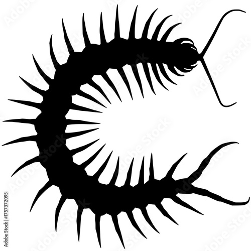 Centipede moving solid black silhouette logo, symbol vector illustration design sign. White background icon character.