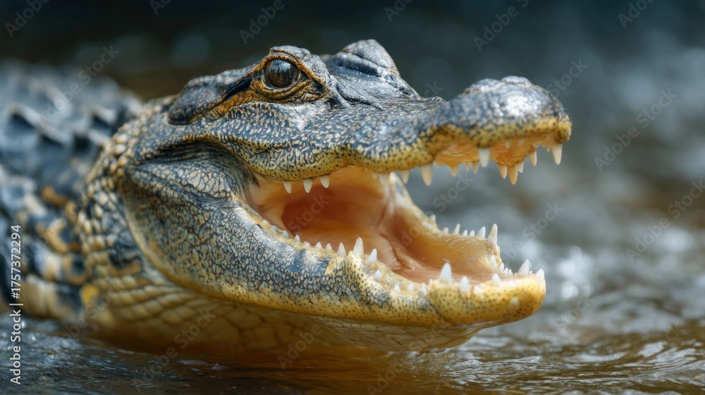 Obraz premium A fierce alligator surfaces in calm water, with its mouth wide open, showcasing sharp teeth. The scene captures the wild beauty of nature at dawn, highlighting the alligator's majestic presence