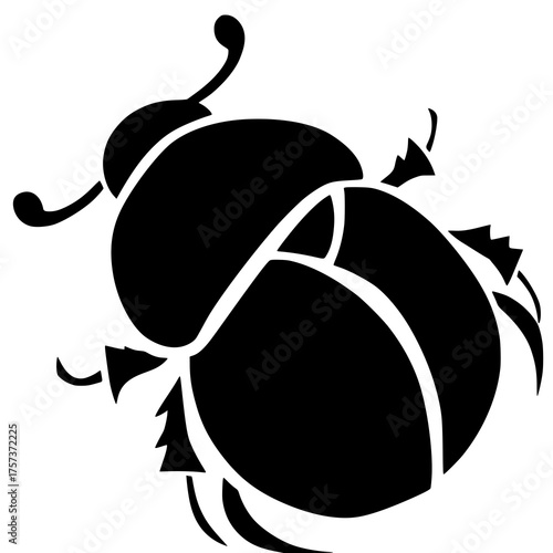Scarab beetle rolling solid black silhouette logo, symbol vector illustration design sign. White background icon character.