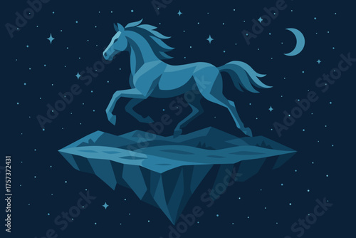 Blue horse running on floating rock in nighttime starry sky with moon