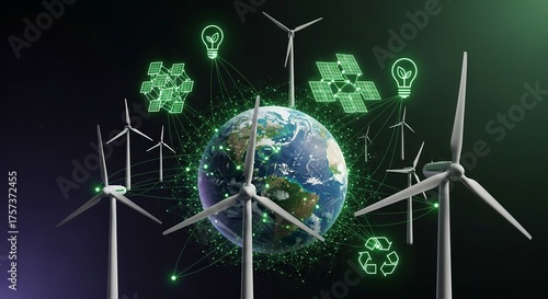 Renewable energy concept with earth and wind turbines