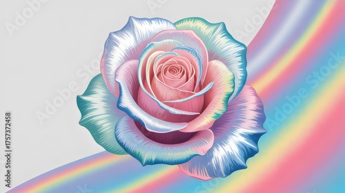 A beautiful single blue and pink rose in nature against a rainbow color background is a symbol of love, romantic.