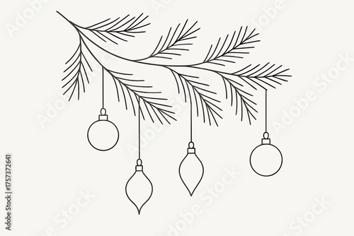 Minimalistic line art of pine branch with hanging Christmas ornaments