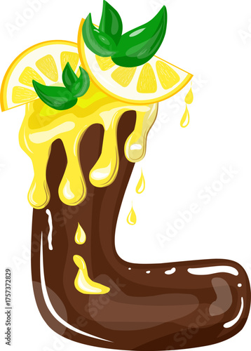A stylized letter "L" designed as a chocolate dessert, dripping with bright yellow glaze (or lemon cream) and topped with lemon slices and fresh mint, creating an appetizing confectionery alphabet.