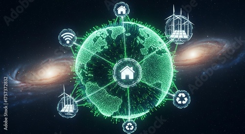 Futuristic global network connecting smart homes and sustainable technology
