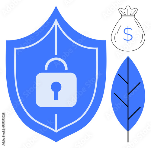 Blue shield with lock emphasizing security, bag with dollar sign showing finance, leaf symbolizing sustainability. Ideal for cybersecurity, financial safety, eco responsibility, data protection