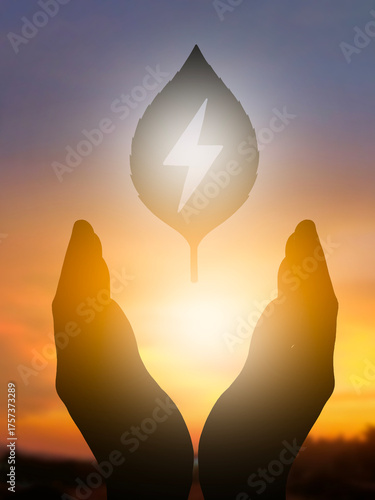 Hands Protecting Green Energy Leaf at Sunset Sustainable Future Concept