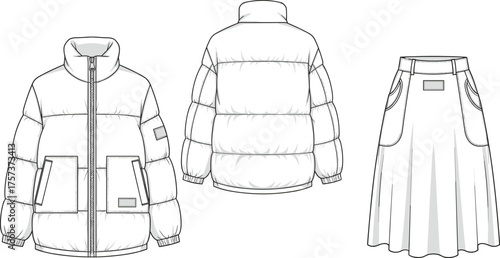 Technical fashion illustration, puffer jacket front back, pleated skirt design, garment template, apparel vector, clothing sketch, sewing reference, outerwear