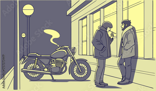 "Two friends standing beside a parked bike in a narrow street on a cold winter night, smoke from cigarettes mixing with foggy air, both wearing jackets and mufflers, dim yellow streetlights casting so