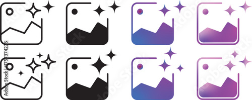 Set of generative AI image icons, image photo album, gallery ai icon sparkle star symbol. Vector ai generated icon gradient logo. for apps, photo editing tools. Vector illustration
