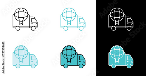 Truck with globe icon for global delivery service in line and fill style