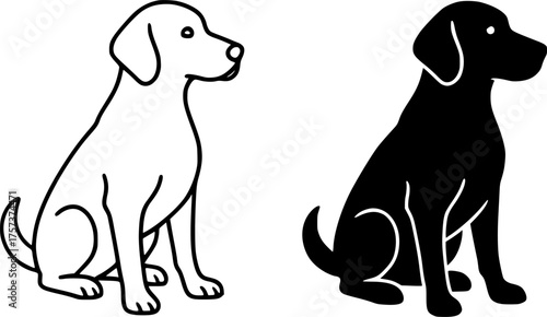 Dog, black and white vector, outline and silhouette versions